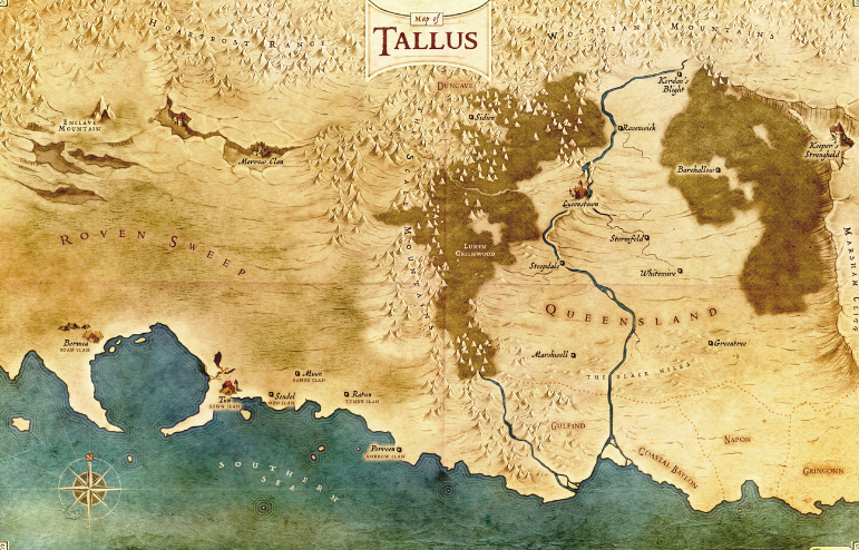 Map of a fictional world named 'Tallus' on a beige background